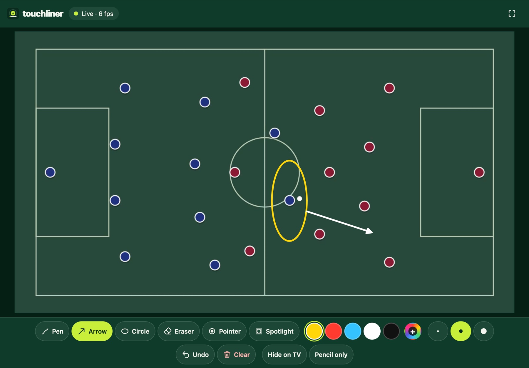 Touchliner on iPad: a player circled and his run drawn as an arrow
